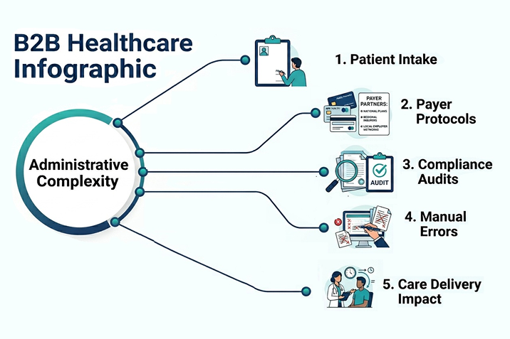 The top five reasons for administrative complexity in home health agencies are patient intake procedure, intricate payer protocols, strict compliance audits, high risk of manual error, direct impact on care delivery, ability to prioritize the right patient.