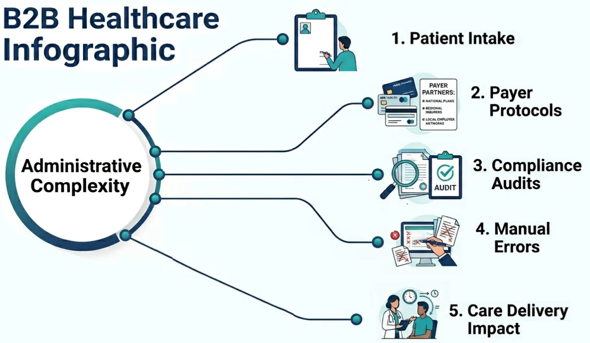 The top five reasons for administrative complexity in home health agencies are patient intake procedure, intricate payer protocols, strict compliance audits, high risk of manual error, direct impact on care delivery, ability to prioritize the right patient
